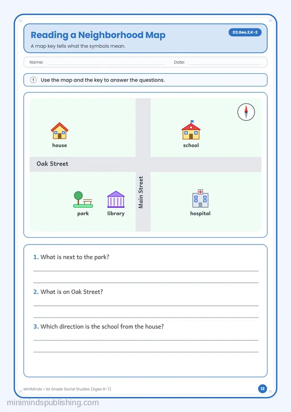 Reading a Neighborhood Map — free printable 1st Grade worksheet