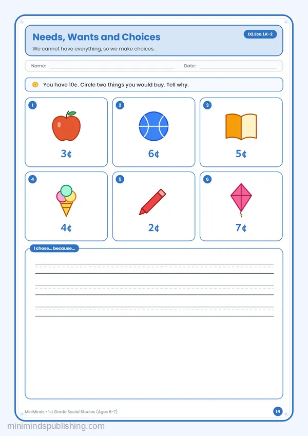 Needs, Wants and Choices — free printable 1st Grade worksheet