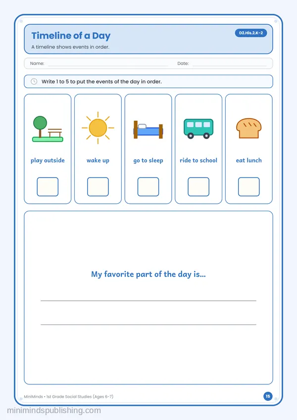Timeline of a Day — free printable 1st Grade worksheet