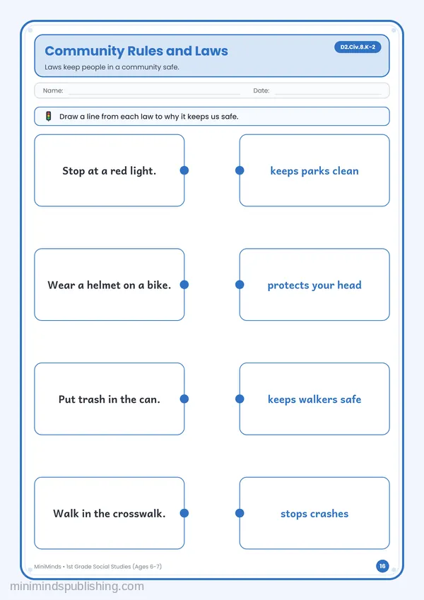 Community Rules and Laws — free printable 1st Grade worksheet