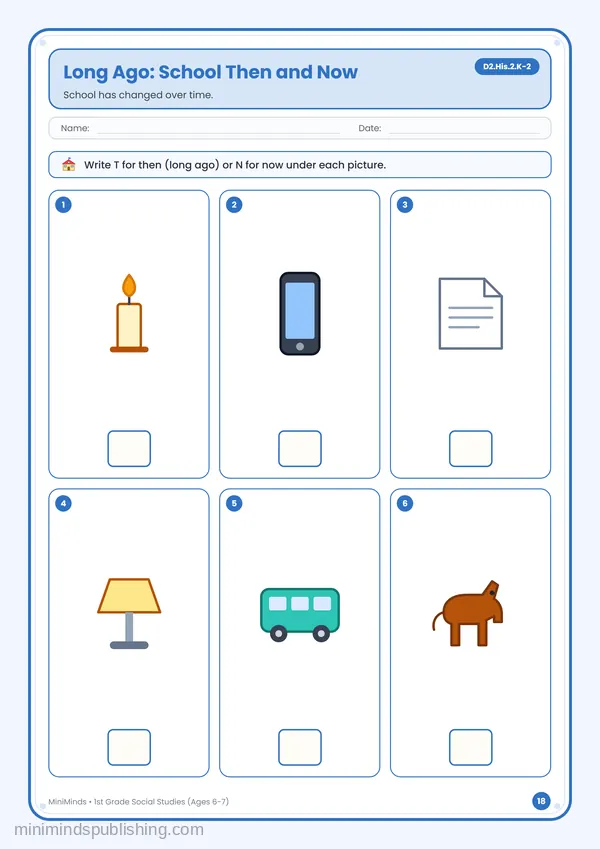 Long Ago: School Then and Now — free printable 1st Grade worksheet