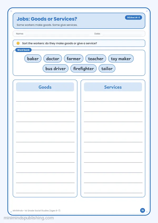 Jobs: Goods or Services? — free printable 1st Grade worksheet