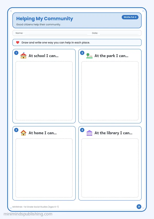 Helping My Community — free printable 1st Grade worksheet