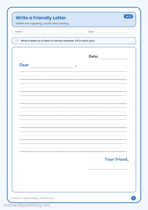 Write a Friendly Letter — free printable 1st Grade worksheet