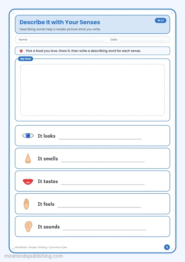 Describe It with Your Senses — free printable 1st Grade worksheet