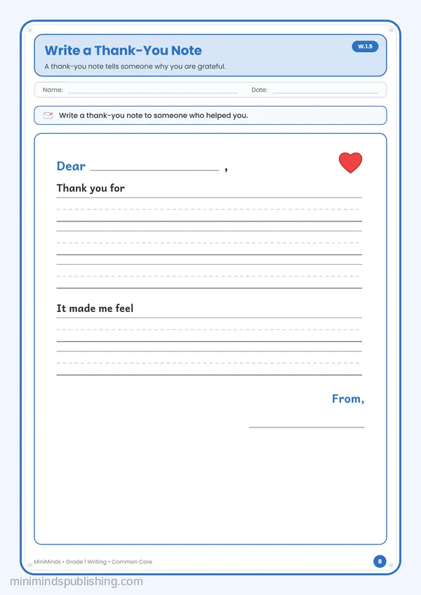 Write a Thank-You Note — free printable 1st Grade worksheet