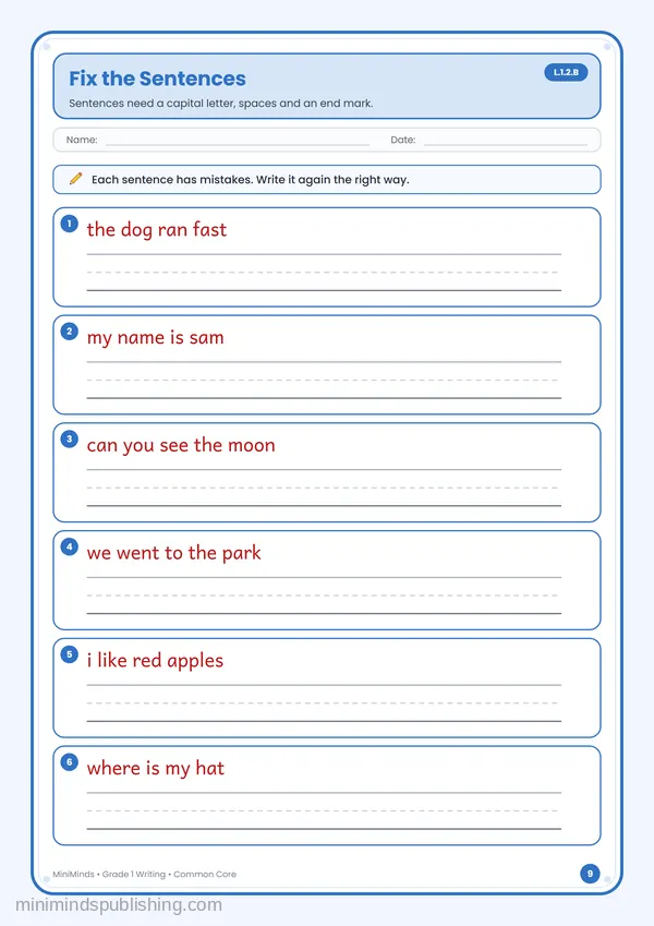 Fix the Sentences — free printable 1st Grade worksheet