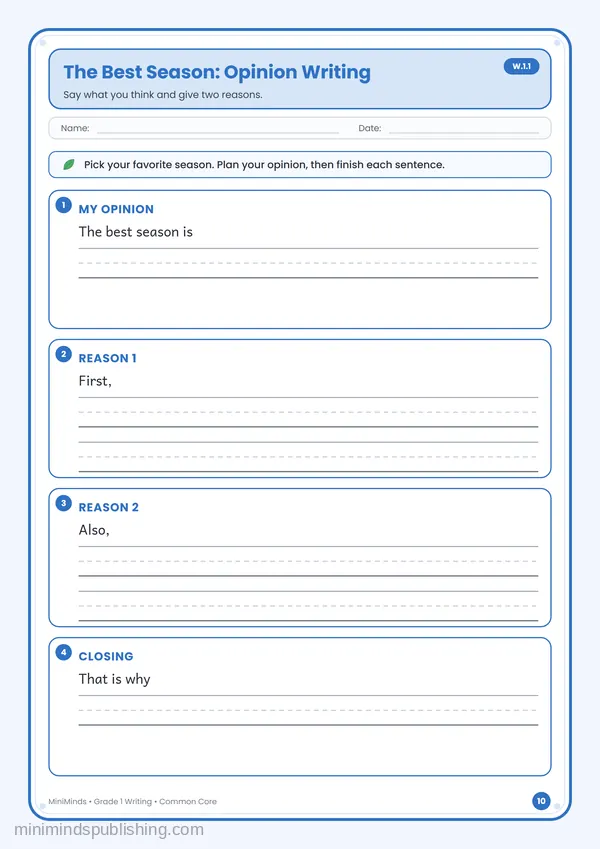 The Best Season: Opinion Writing — free printable 1st Grade worksheet