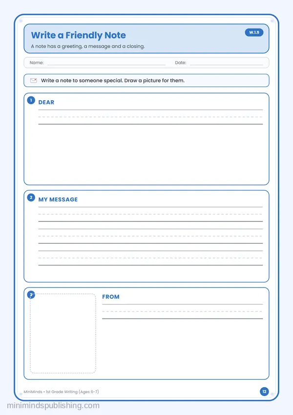 Write a Friendly Note — free printable 1st Grade worksheet