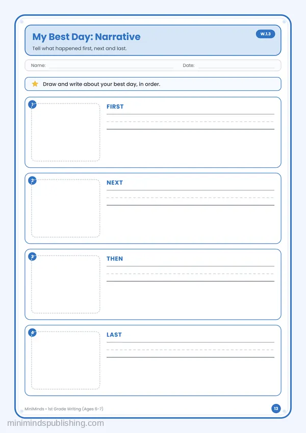 My Best Day: Narrative — free printable 1st Grade worksheet