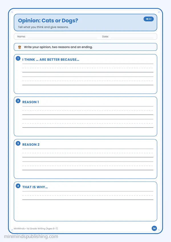 Opinion: Cats or Dogs? — free printable 1st Grade worksheet