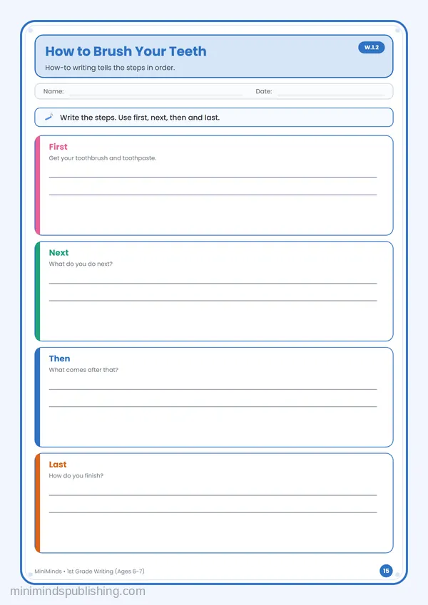 How to Brush Your Teeth — free printable 1st Grade worksheet