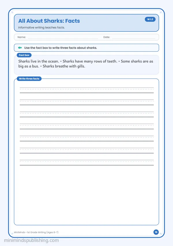 All About Sharks: Facts — free printable 1st Grade worksheet