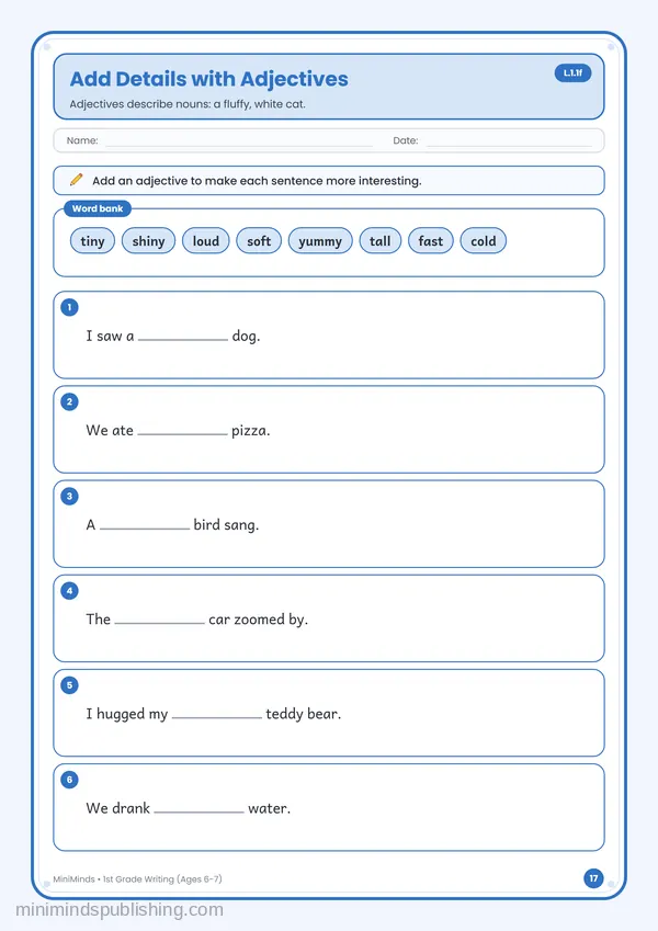 Add Details with Adjectives — free printable 1st Grade worksheet