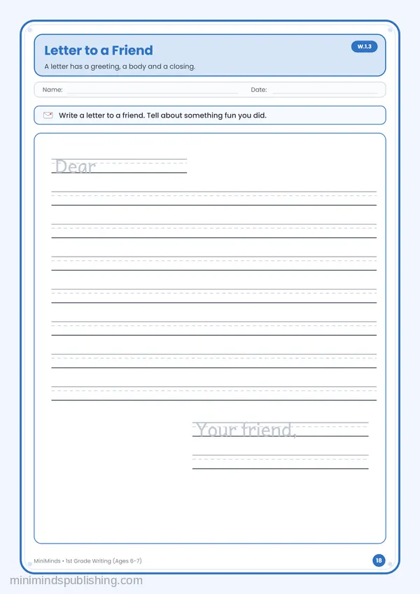 Letter to a Friend — free printable 1st Grade worksheet