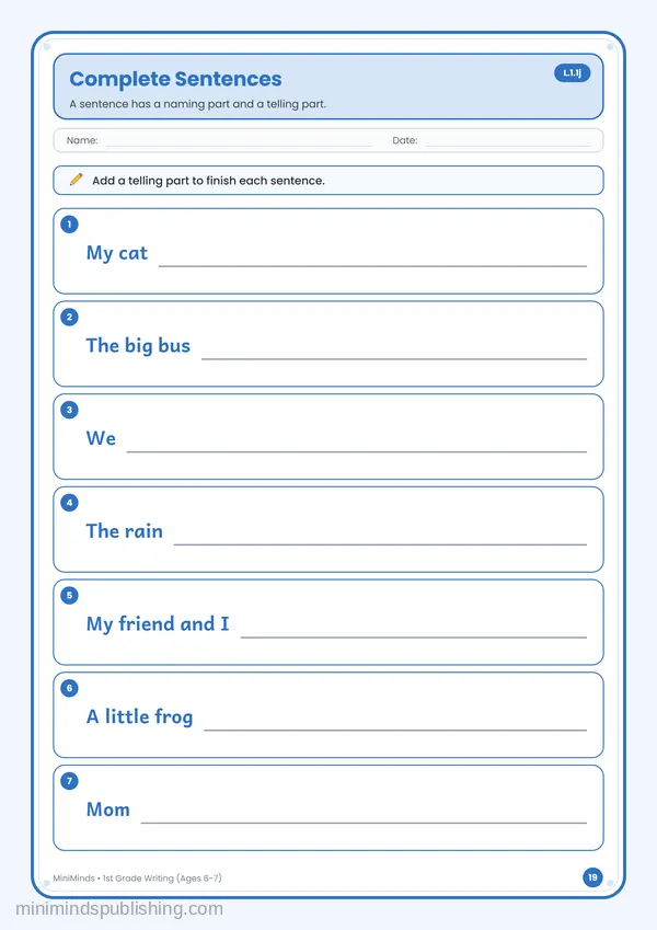 Complete Sentences — free printable 1st Grade worksheet