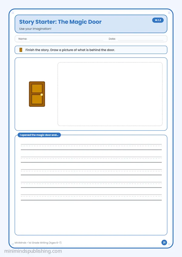 Story Starter: The Magic Door — free printable 1st Grade worksheet