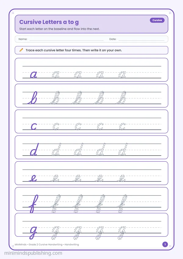 Cursive Letters a to g — free printable 2nd Grade worksheet