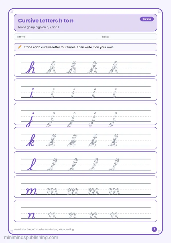 Cursive Letters h to n — free printable 2nd Grade worksheet