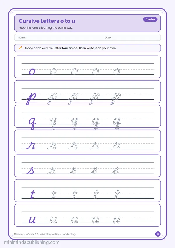Cursive Letters o to u — free printable 2nd Grade worksheet