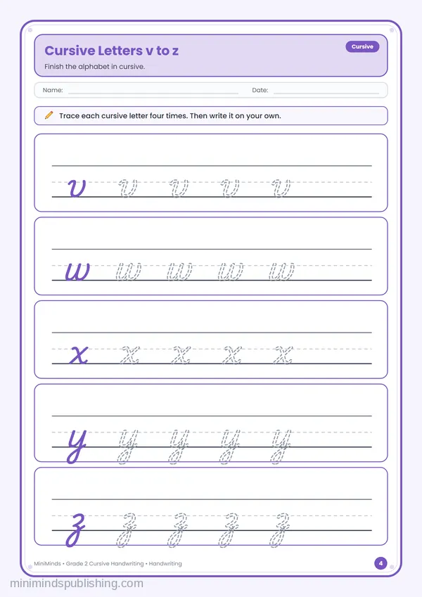 Cursive Letters v to z — free printable 2nd Grade worksheet