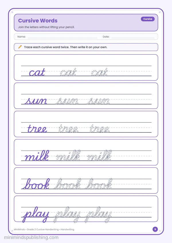Cursive Words — free printable 2nd Grade worksheet