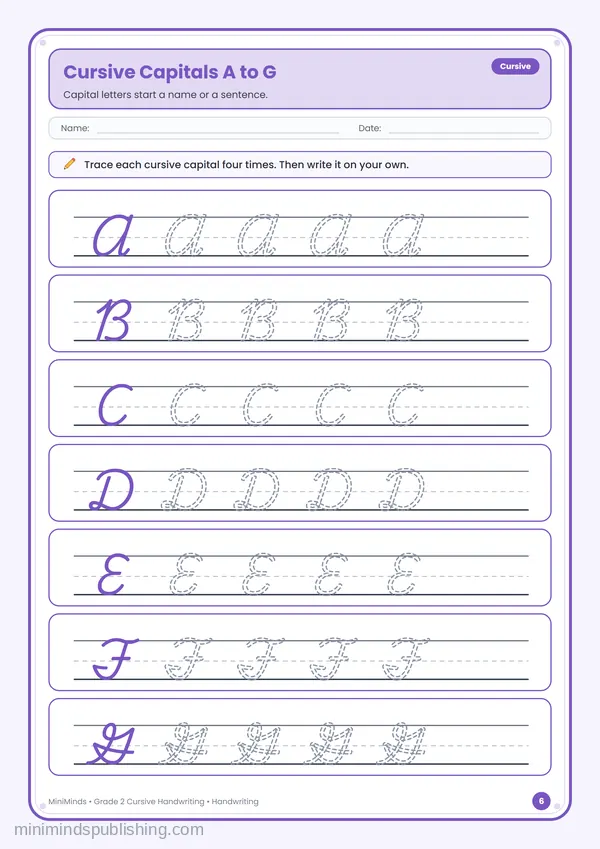 Cursive Capitals A to G — free printable 2nd Grade worksheet