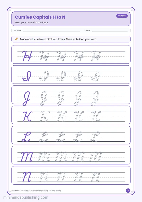 Cursive Capitals H to N — free printable 2nd Grade worksheet