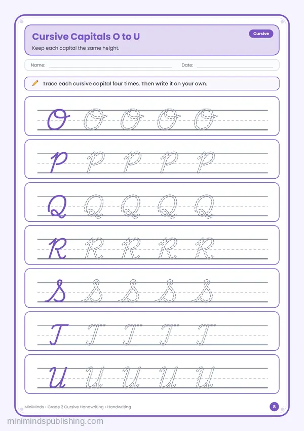 Cursive Capitals O to U — free printable 2nd Grade worksheet