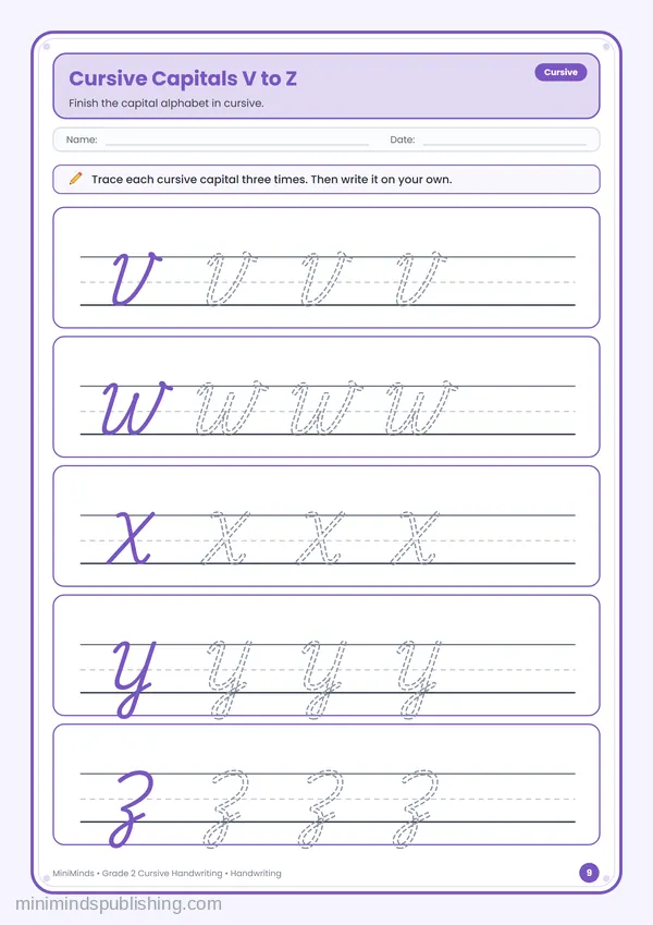 Cursive Capitals V to Z — free printable 2nd Grade worksheet