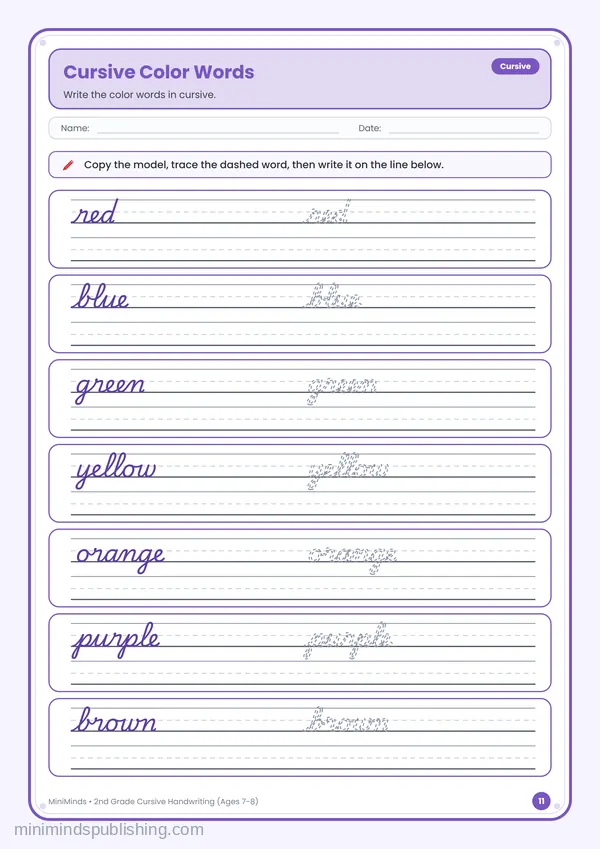 Cursive Color Words — free printable 2nd Grade worksheet