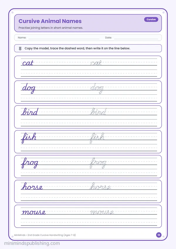 Cursive Animal Names — free printable 2nd Grade worksheet