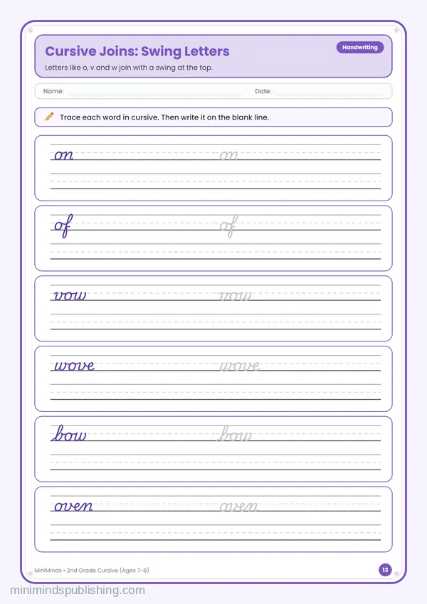 Cursive Joins: Swing Letters — free printable 2nd Grade worksheet