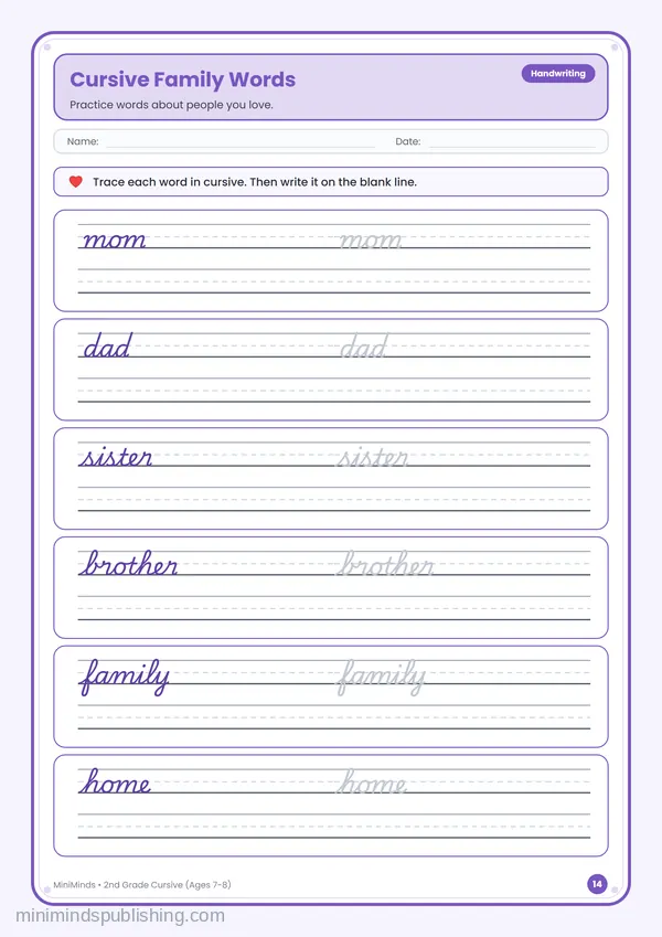 Cursive Family Words — free printable 2nd Grade worksheet
