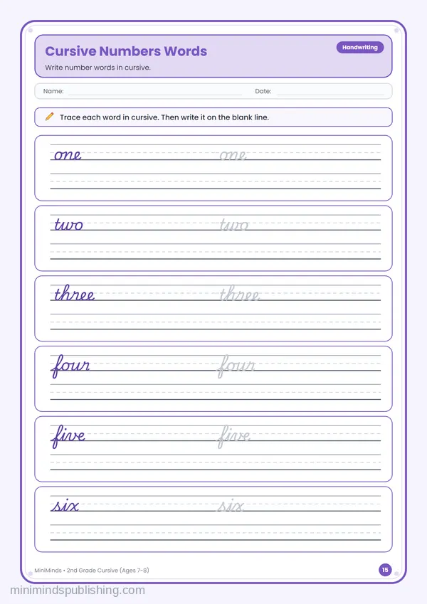 Cursive Numbers Words — free printable 2nd Grade worksheet