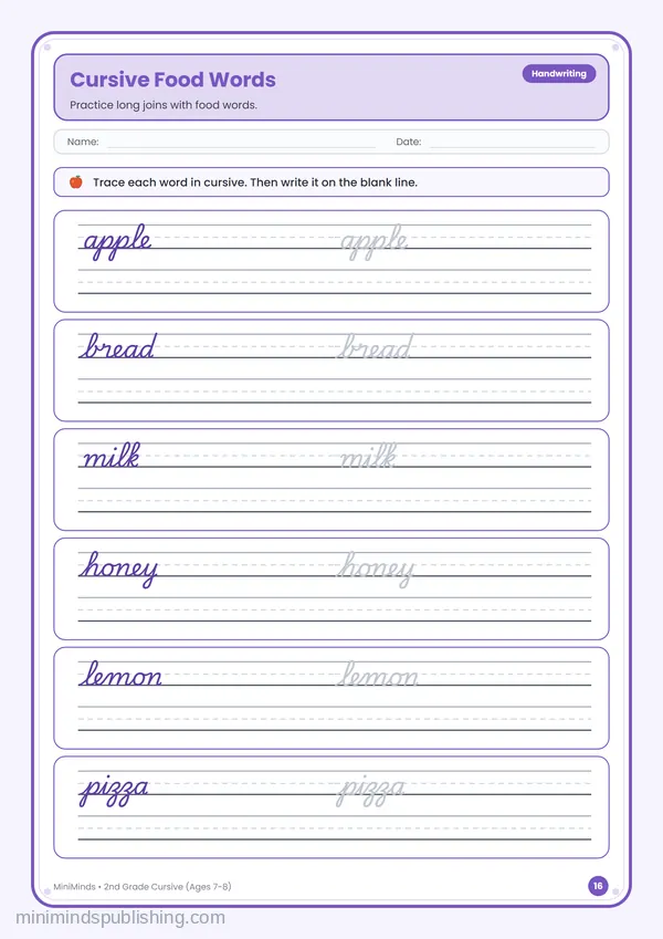 Cursive Food Words — free printable 2nd Grade worksheet