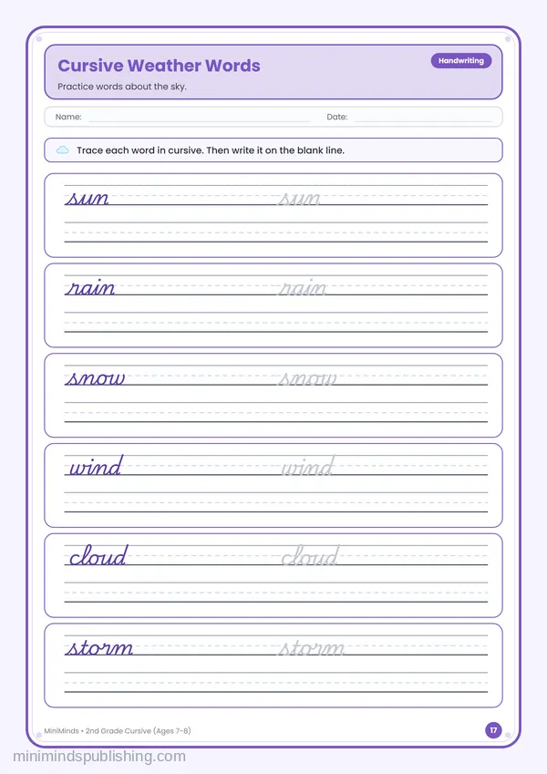 Cursive Weather Words — free printable 2nd Grade worksheet