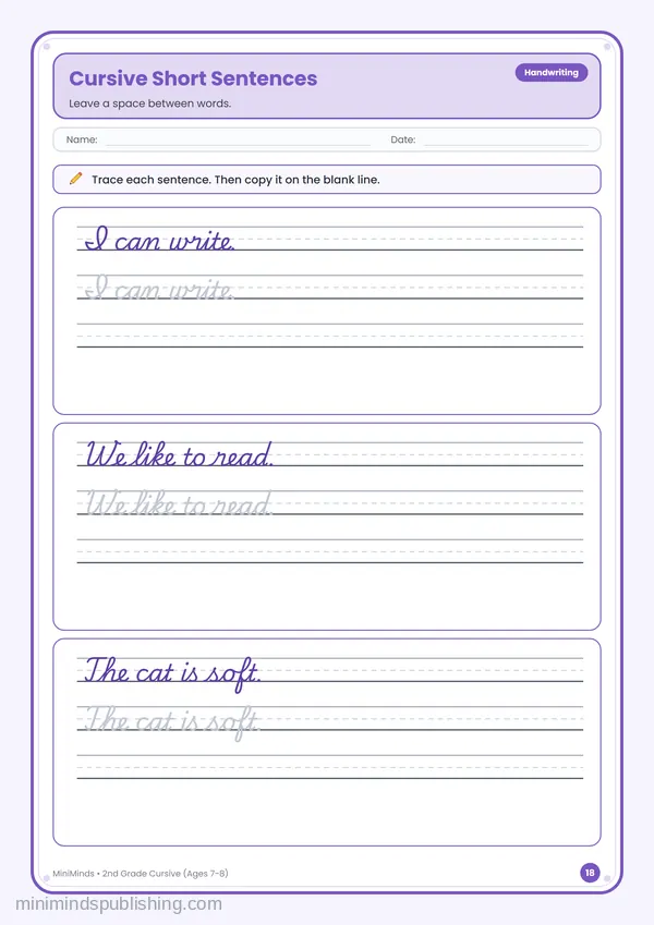 Cursive Short Sentences — free printable 2nd Grade worksheet