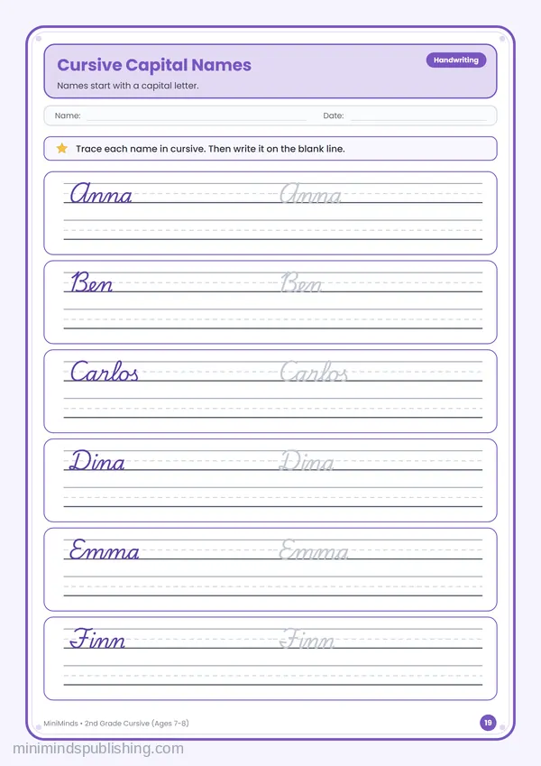 Cursive Capital Names — free printable 2nd Grade worksheet