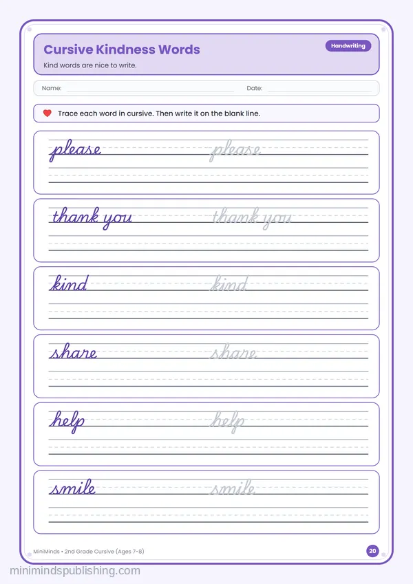 Cursive Kindness Words — free printable 2nd Grade worksheet