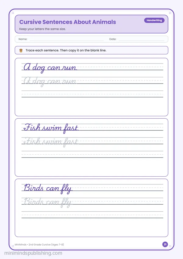 Cursive Sentences About Animals — free printable 2nd Grade worksheet