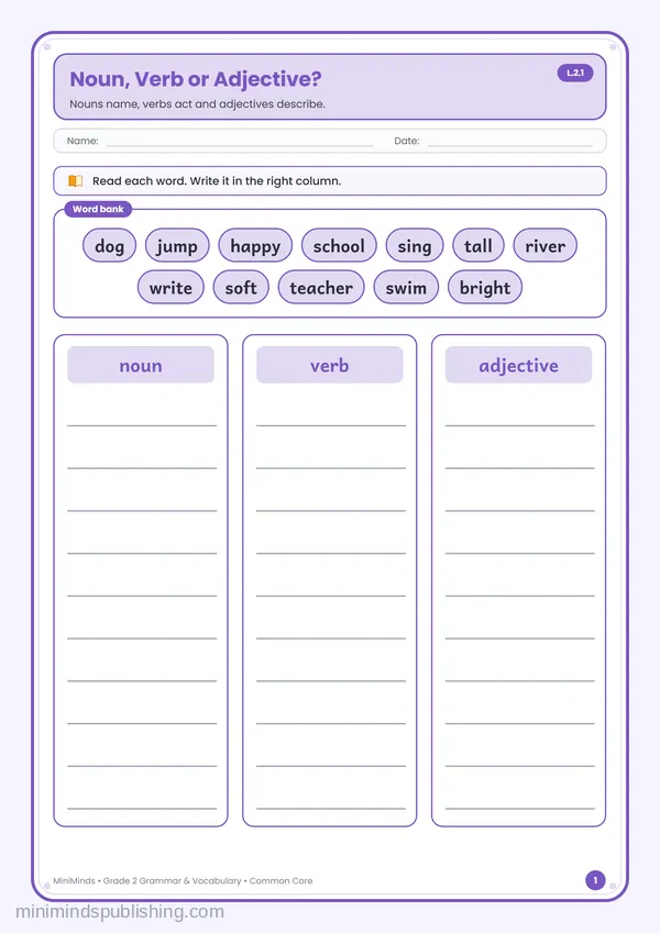 Noun, Verb or Adjective? — free printable 2nd Grade worksheet