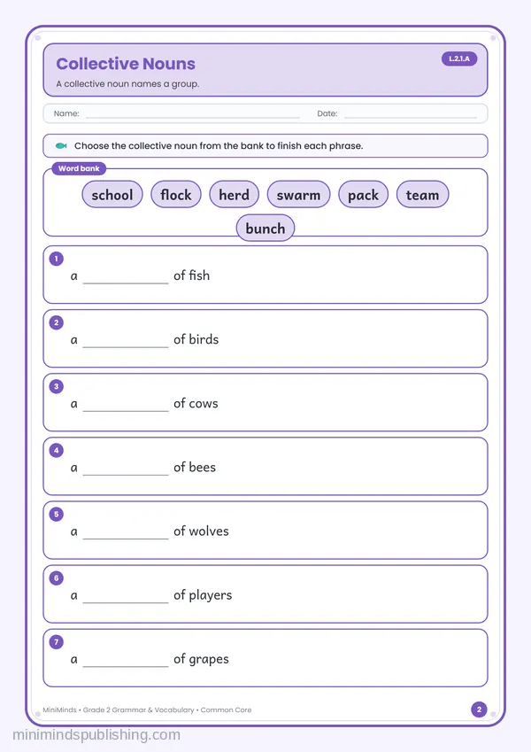 Collective Nouns — free printable 2nd Grade worksheet