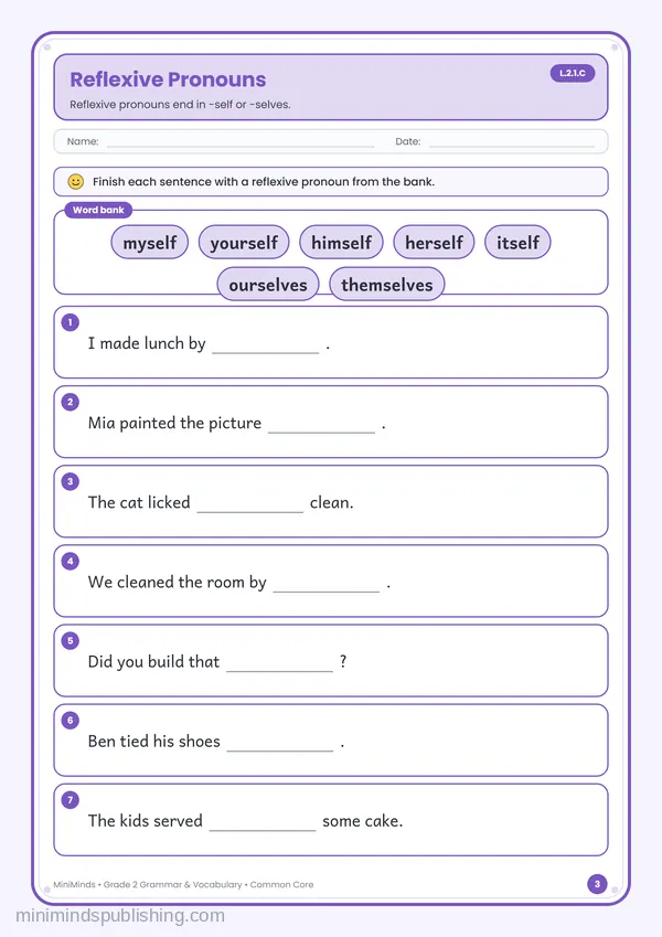 Reflexive Pronouns — free printable 2nd Grade worksheet
