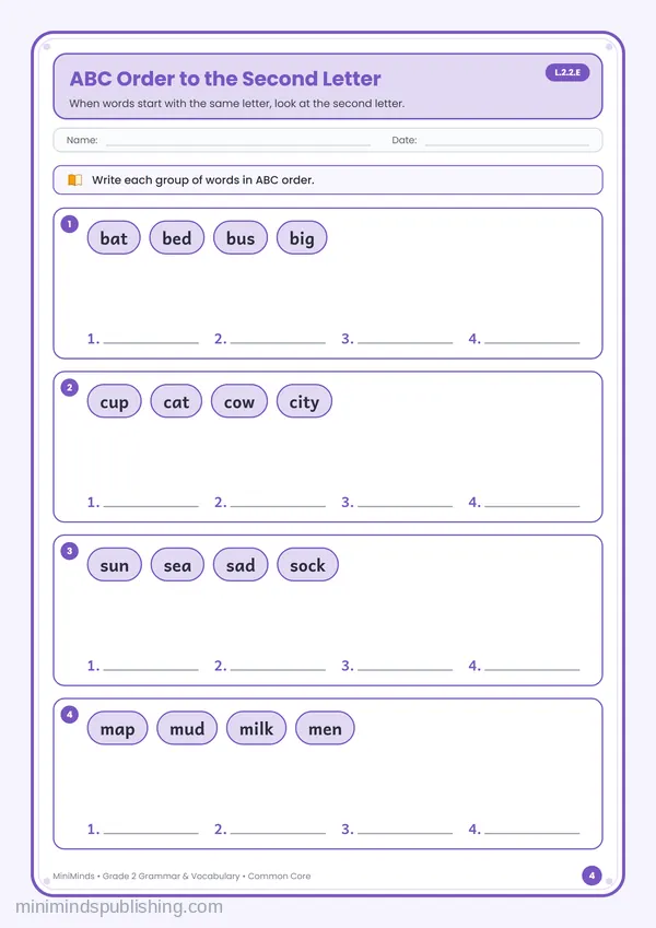 ABC Order to the Second Letter — free printable 2nd Grade worksheet