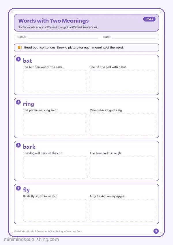 Words with Two Meanings — free printable 2nd Grade worksheet