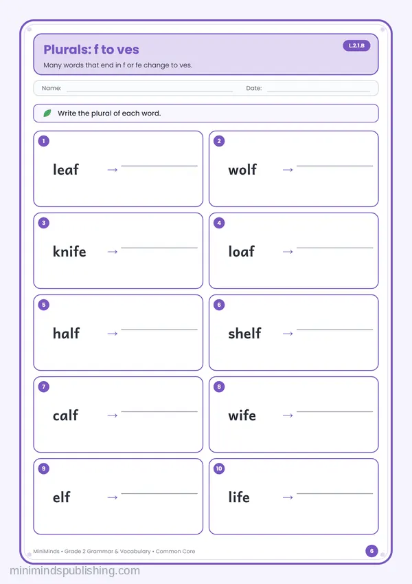 Plurals: f to ves — free printable 2nd Grade worksheet