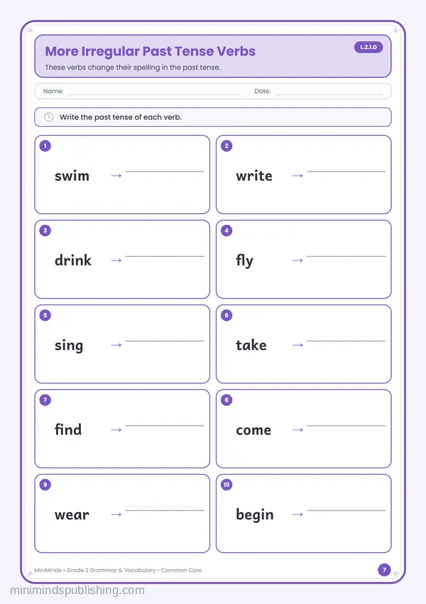 More Irregular Past Tense Verbs — free printable 2nd Grade worksheet