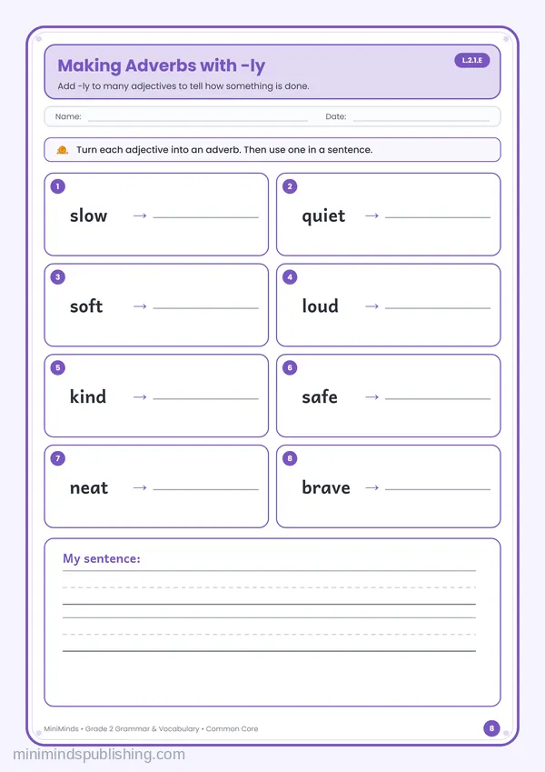 Making Adverbs with -ly — free printable 2nd Grade worksheet
