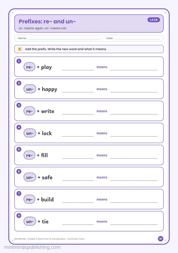 Prefixes: re- and un- — free printable 2nd Grade worksheet
